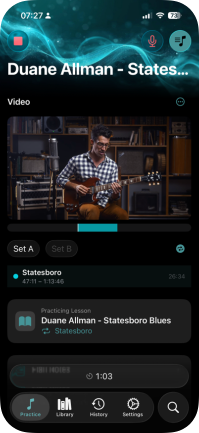 Lesson view with embedded video player and section navigation