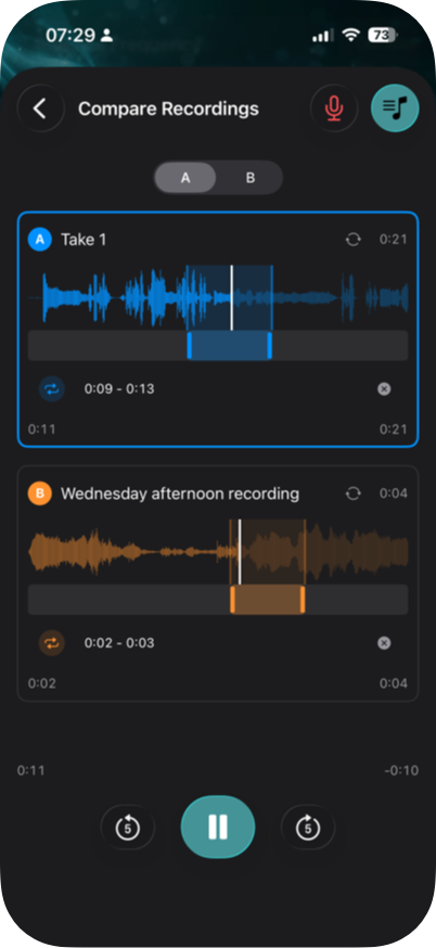Compare Recordings in RunThrough with two takes and playback controls