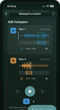 RunThrough on iPhone: A/B Compare of Take 1 and Take 4, each looping its own region